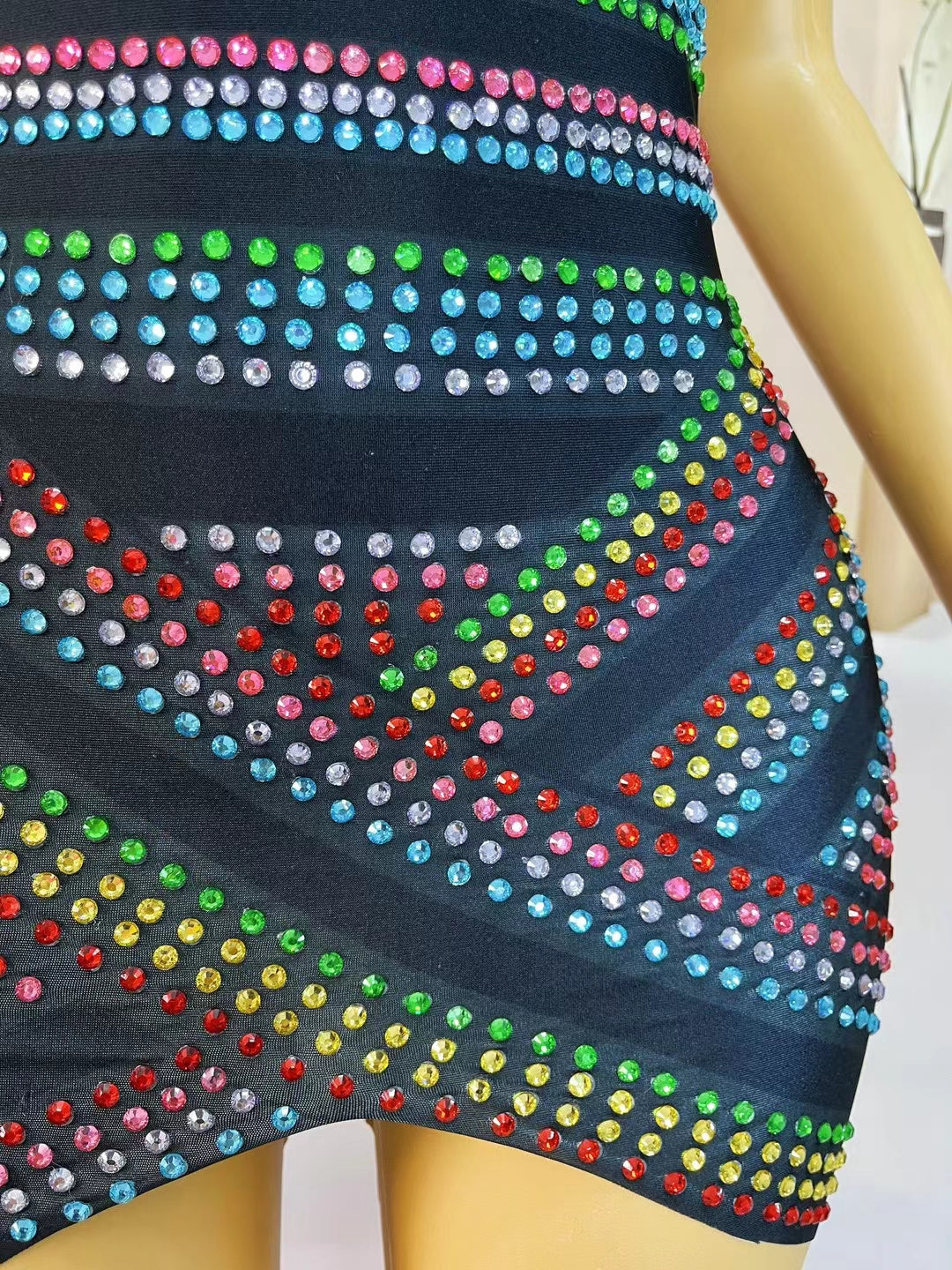CELESINYI Caisedaidai Crystal Rainbow Ribbon Mini Dress