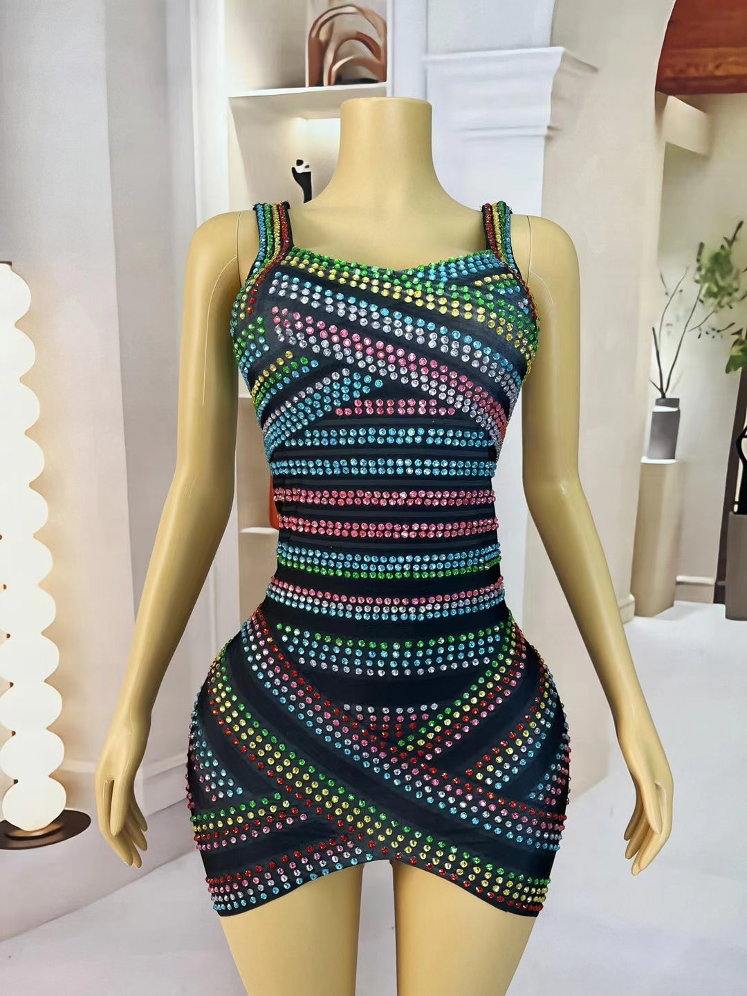 CELESINYI Caisedaidai Crystal Rainbow Ribbon Mini Dress