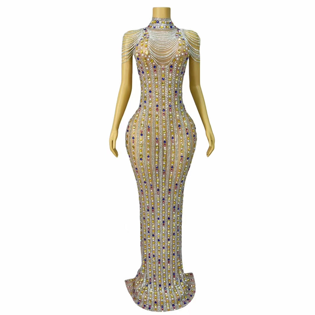 CELESINYI Banmaxian Crystal Chain Fringe Mini Dress