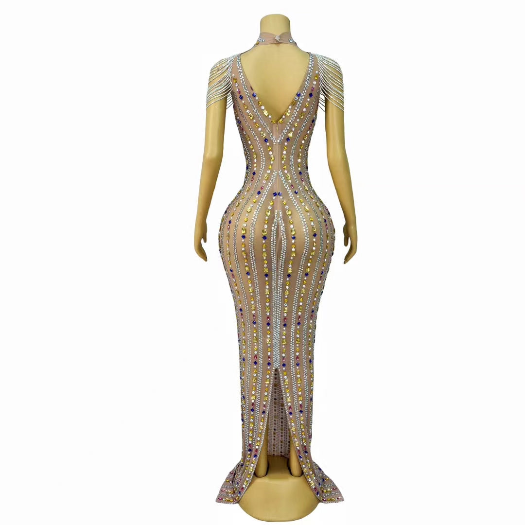 CELESINYI Banmaxian Crystal Chain Fringe Mini Dress