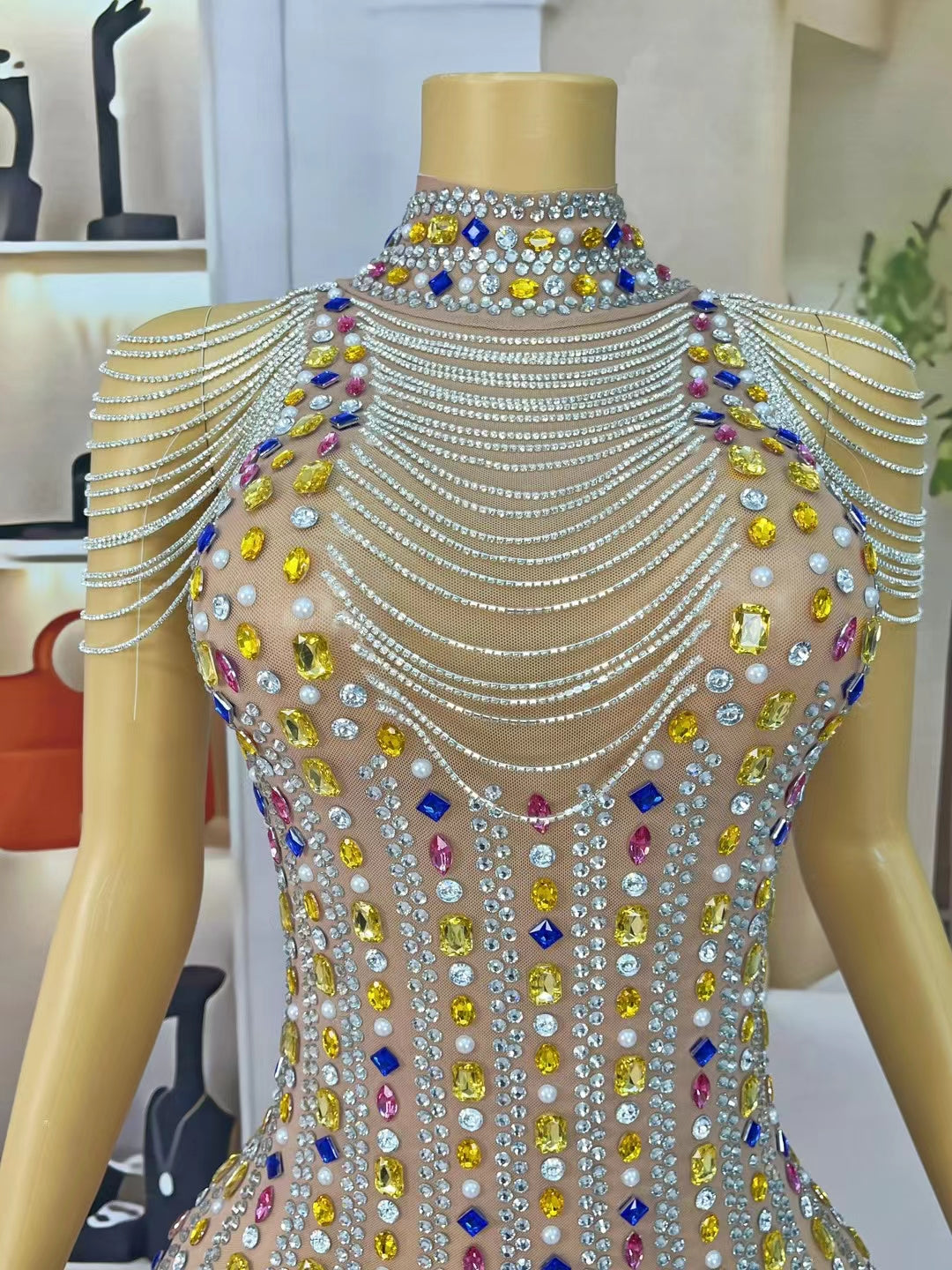CELESINYI Banmaxian Crystal Chain Fringe Mini Dress