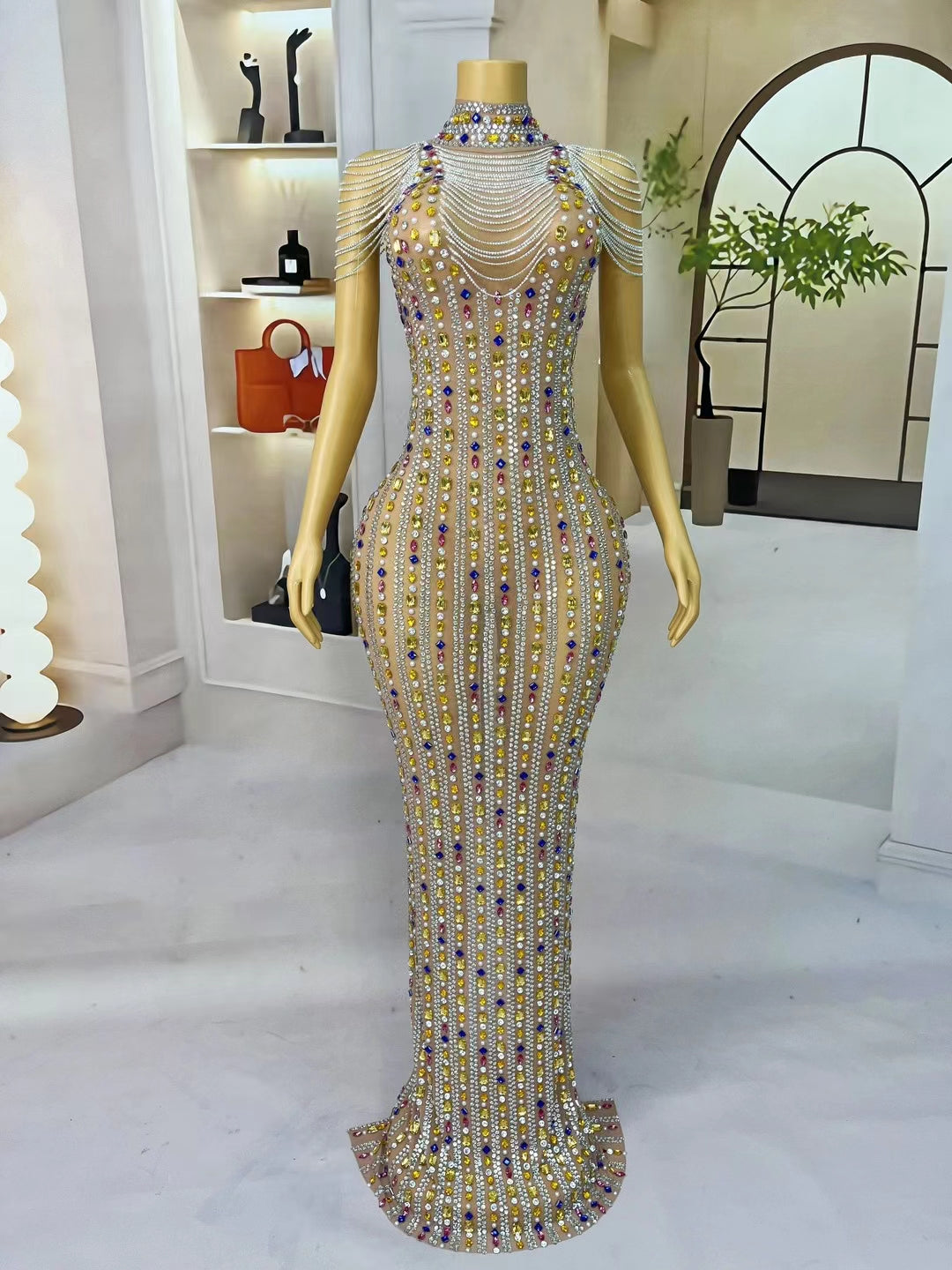 CELESINYI Banmaxian Crystal Chain Fringe Mini Dress