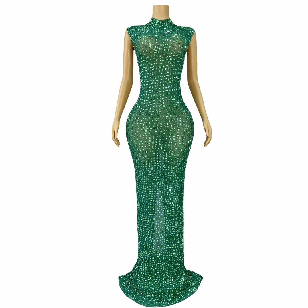 CELESINYI Lvbei Crystal Emerald Mermaid Gown