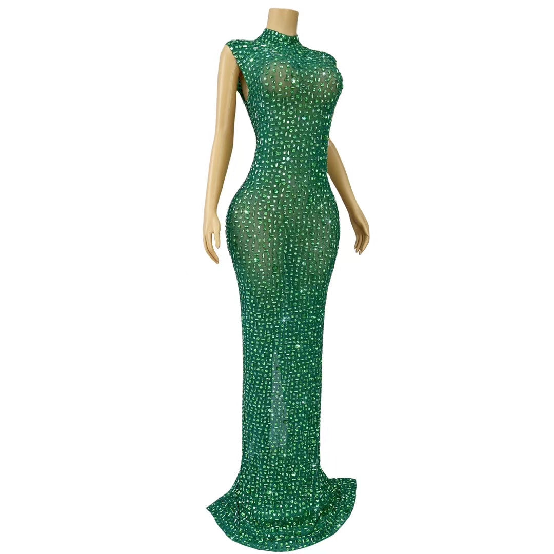 CELESINYI Lvbei Crystal Emerald Mermaid Gown