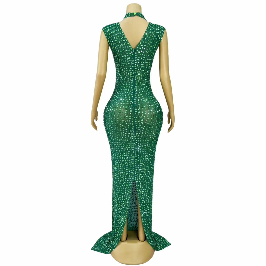 CELESINYI Lvbei Crystal Emerald Mermaid Gown