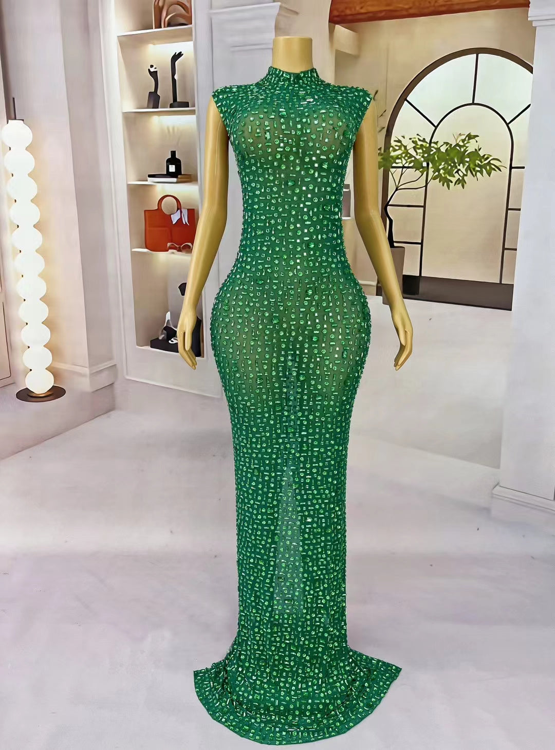 CELESINYI Lvbei Crystal Emerald Mermaid Gown