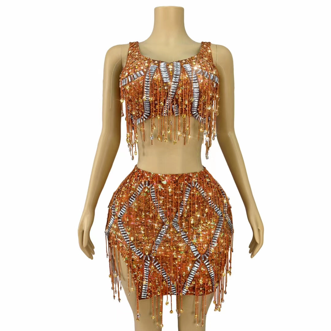 CELESINYI Caodi Crystal Orange Fringe Set
