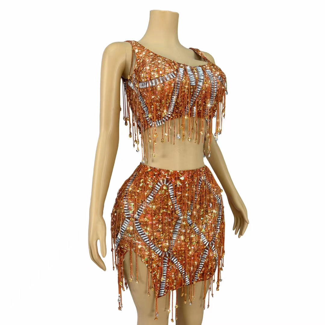 CELESINYI Caodi Crystal Orange Fringe Set