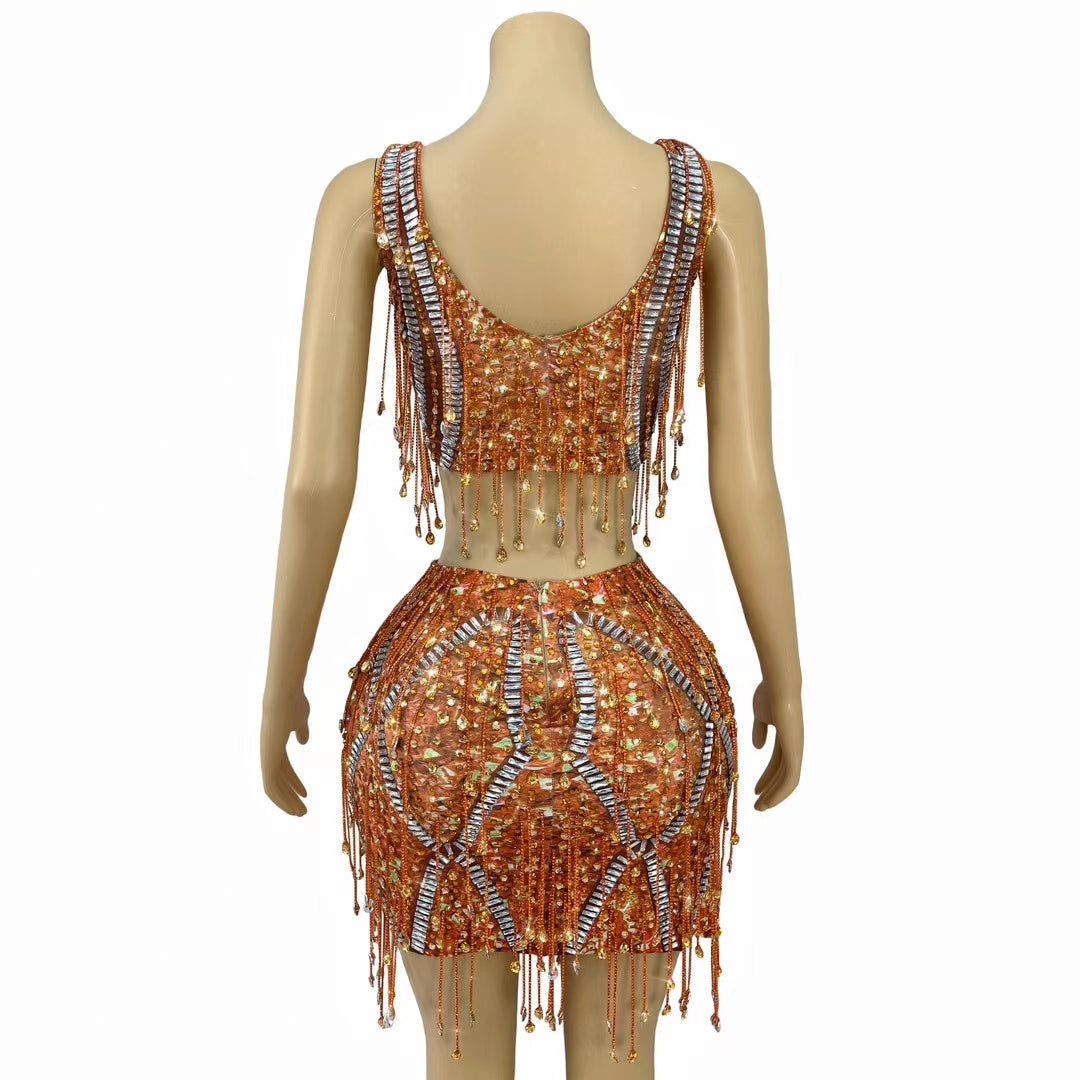 CELESINYI Caodi Crystal Orange Fringe Set