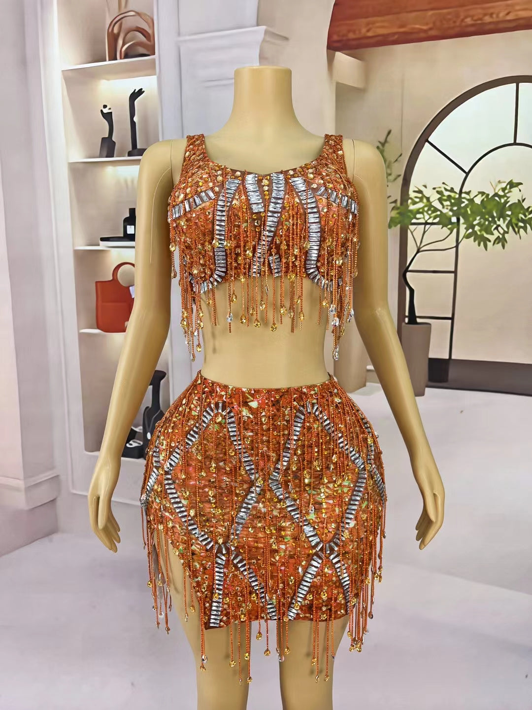 CELESINYI Caodi Crystal Orange Fringe Set