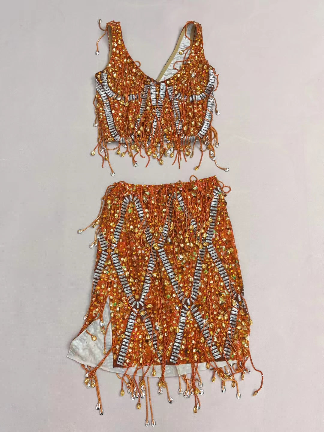 CELESINYI Caodi Crystal Orange Fringe Set