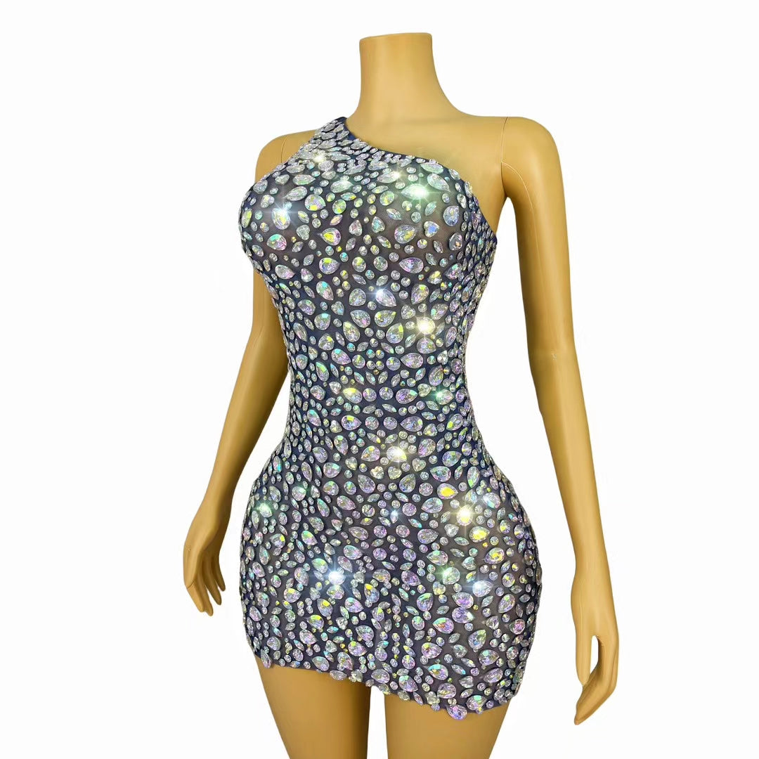 CELESINYI ABDanjian Crystal Navy One Shoulder Gown