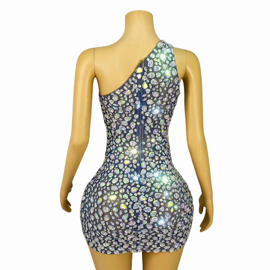 CELESINYI ABDanjian Crystal Navy One Shoulder Gown