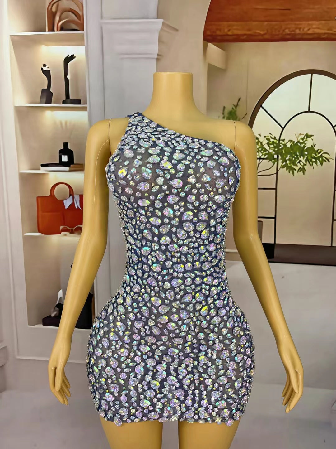 CELESINYI ABDanjian Crystal Navy One Shoulder Gown
