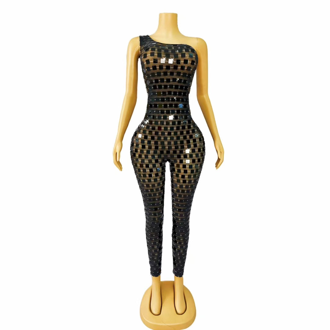 CELESINYI Heipaiku Crystal Black Sequin Jumpsuit
