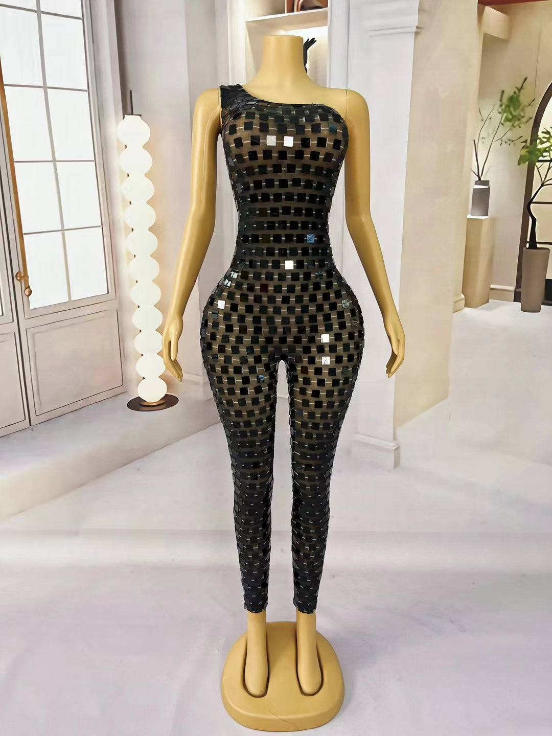 CELESINYI Heipaiku Crystal Black Sequin Jumpsuit