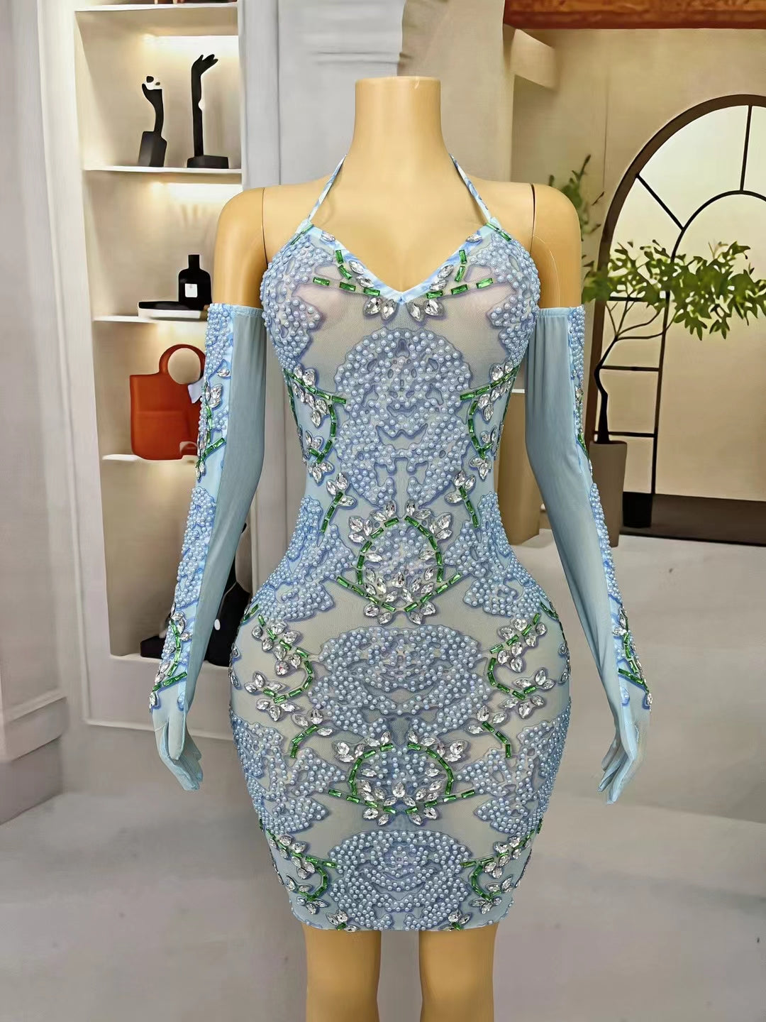 CELESINYI Canglan Crystal Pearl Gauntlet Bodysuit