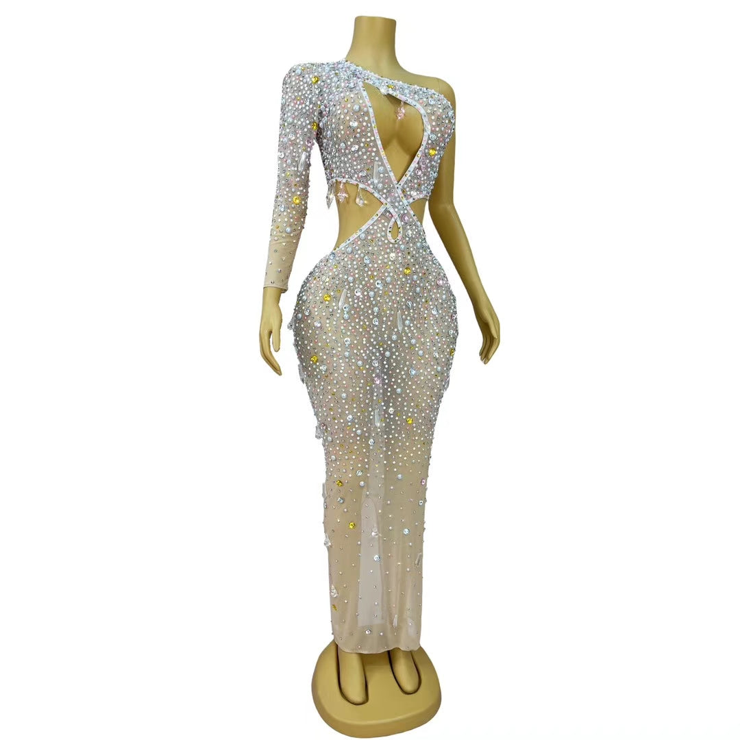 CELESINYI Caiduoduo Crystal Pearl Asymmetric Bodysuit