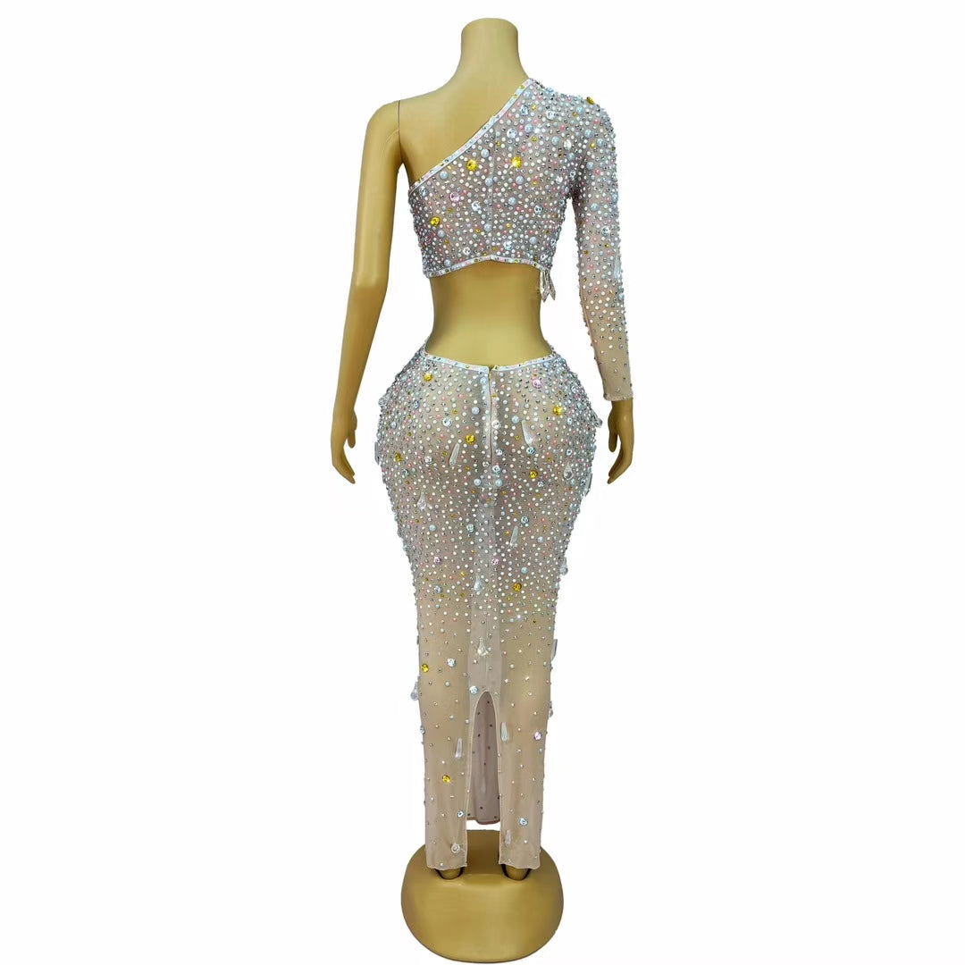 CELESINYI Caiduoduo Crystal Pearl Asymmetric Bodysuit