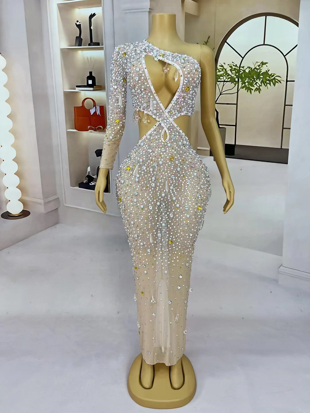 CELESINYI Caiduoduo Crystal Pearl Asymmetric Bodysuit