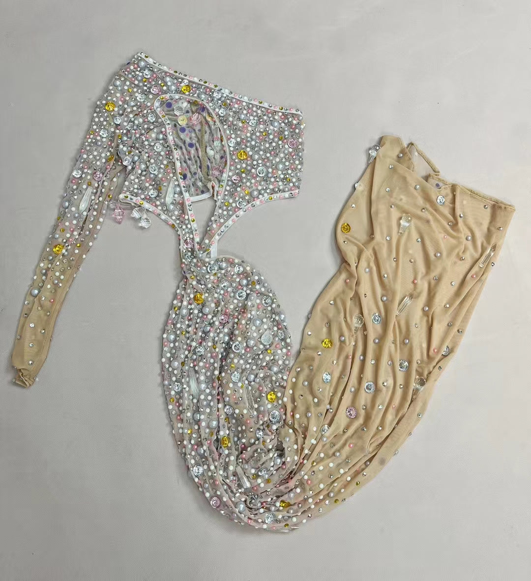 CELESINYI Caiduoduo Crystal Pearl Asymmetric Bodysuit