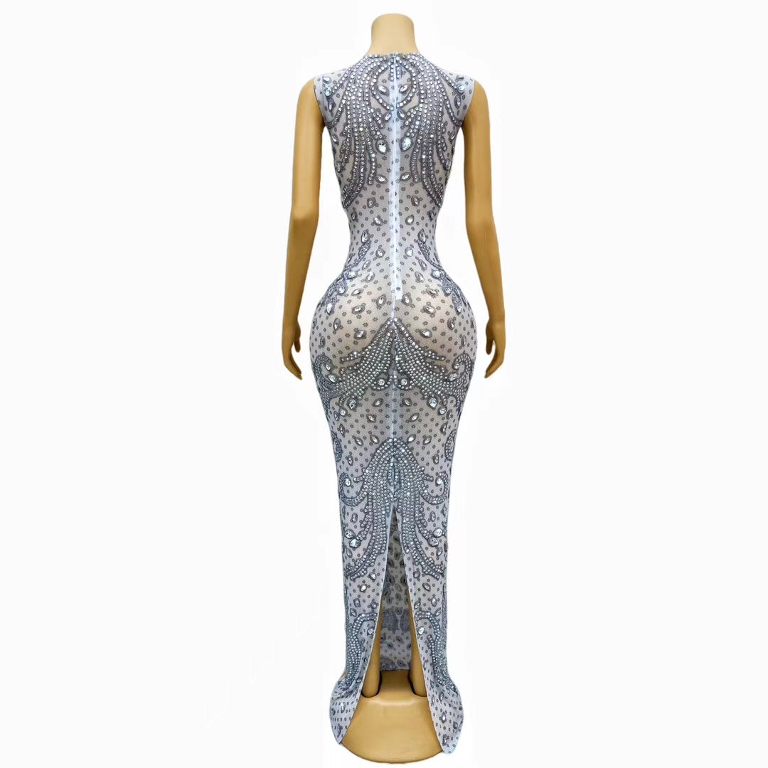 CELESINYI Yinhua Crystal Silver Damask Gown