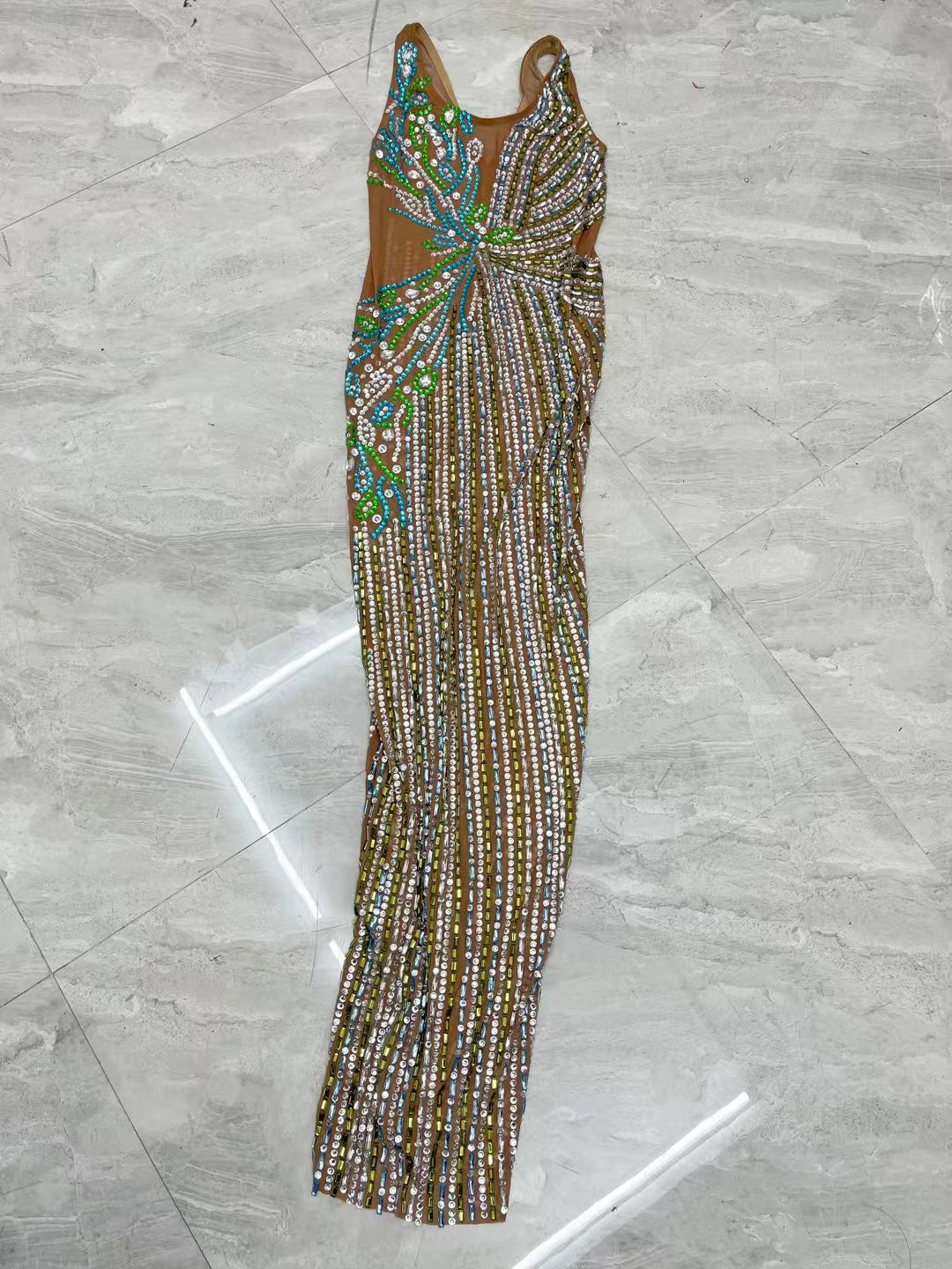 CELESINYI Liuchuan Crystal Teal Stripe Bodysuit