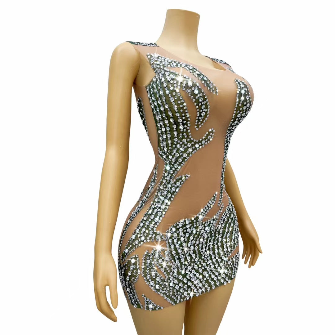 CELESINYI Lvyi Crystal White Flame Mini Dress