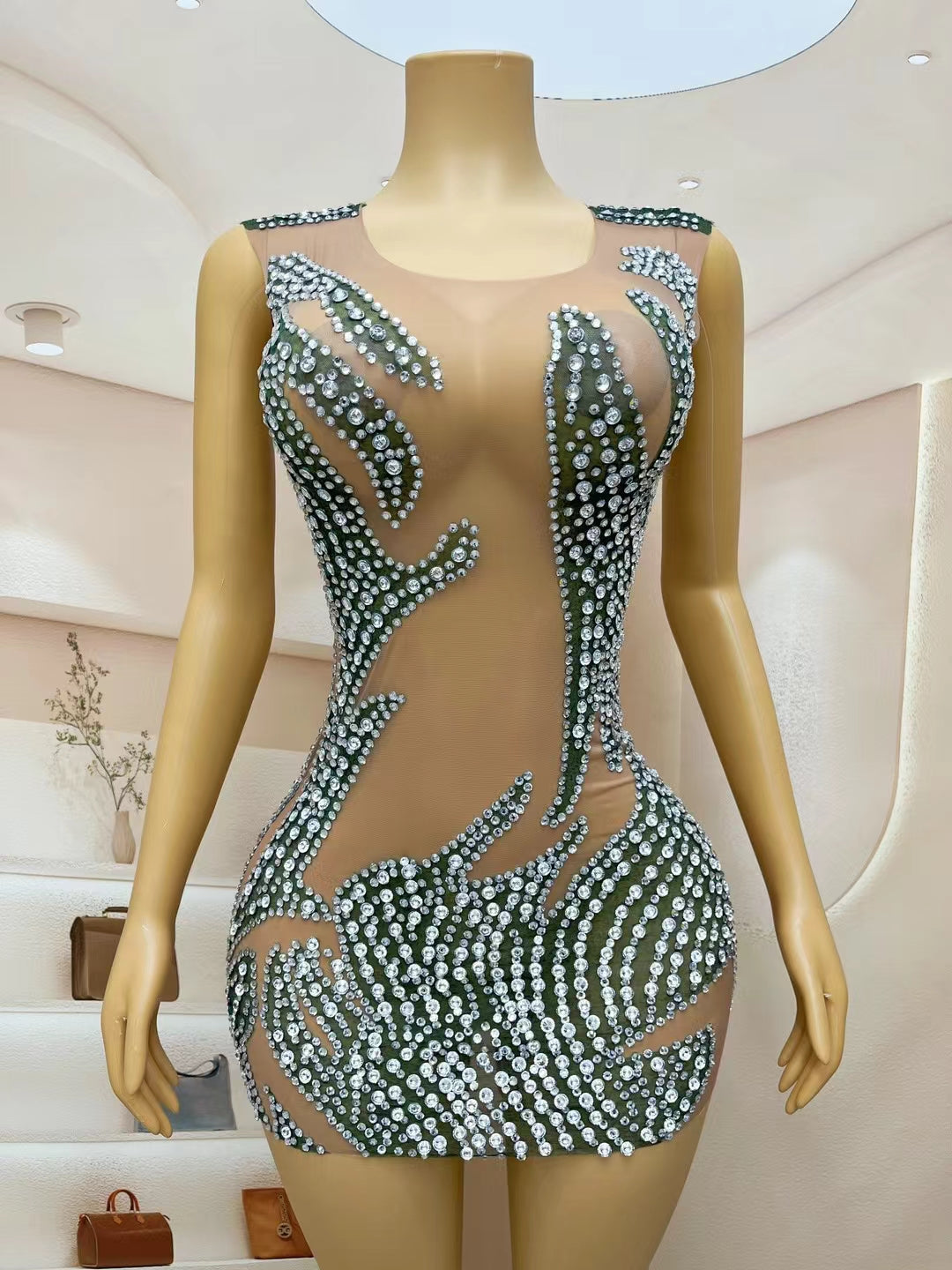 CELESINYI Lvyi Crystal White Flame Mini Dress