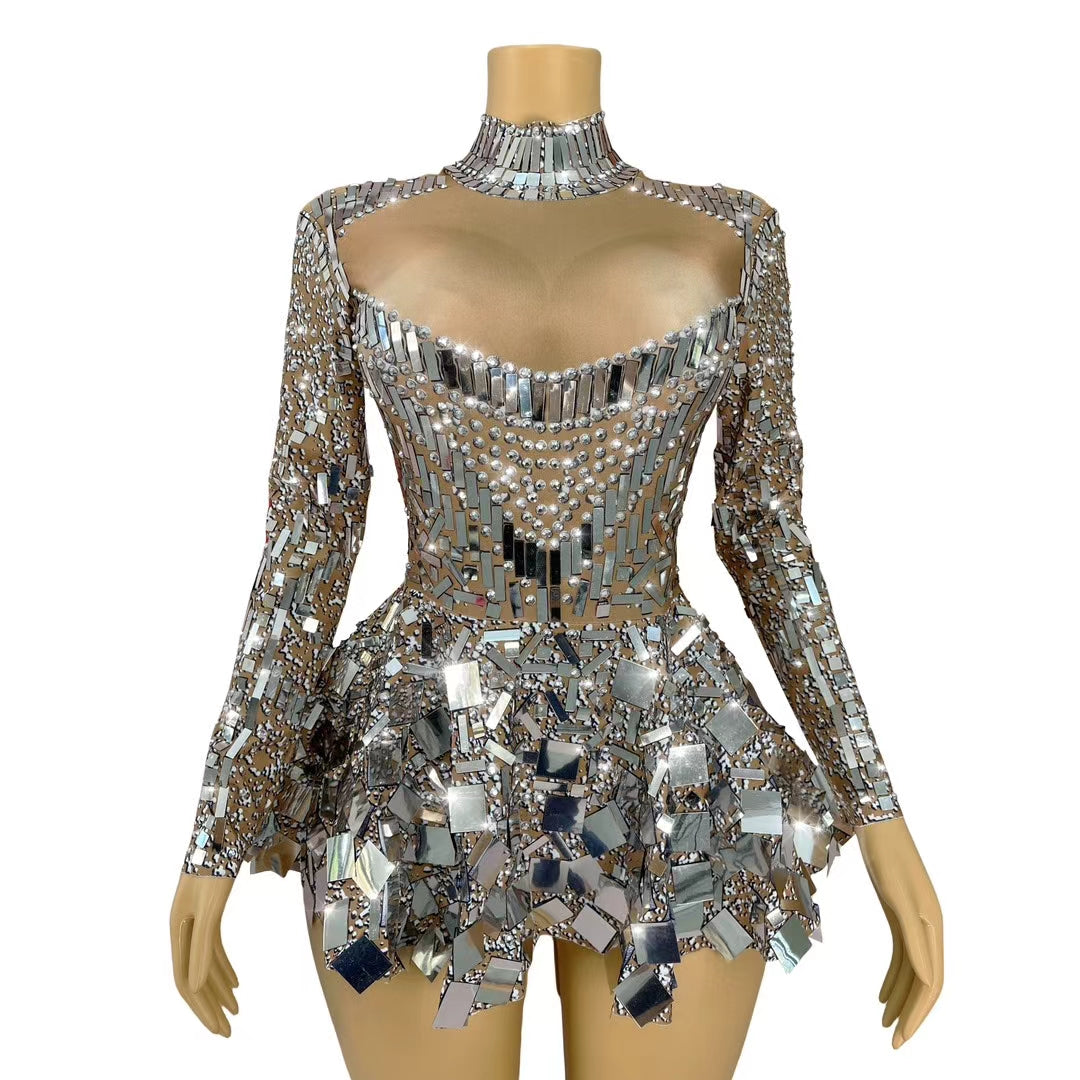 CELESINYI Gaoduanliangpianqun Crystal Mirror Peplum Mini Dress
