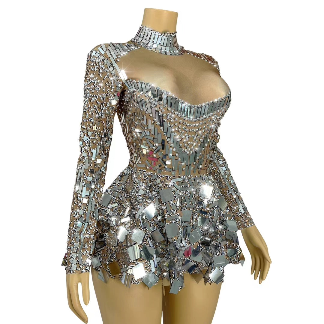CELESINYI Gaoduanliangpianqun Crystal Mirror Peplum Mini Dress
