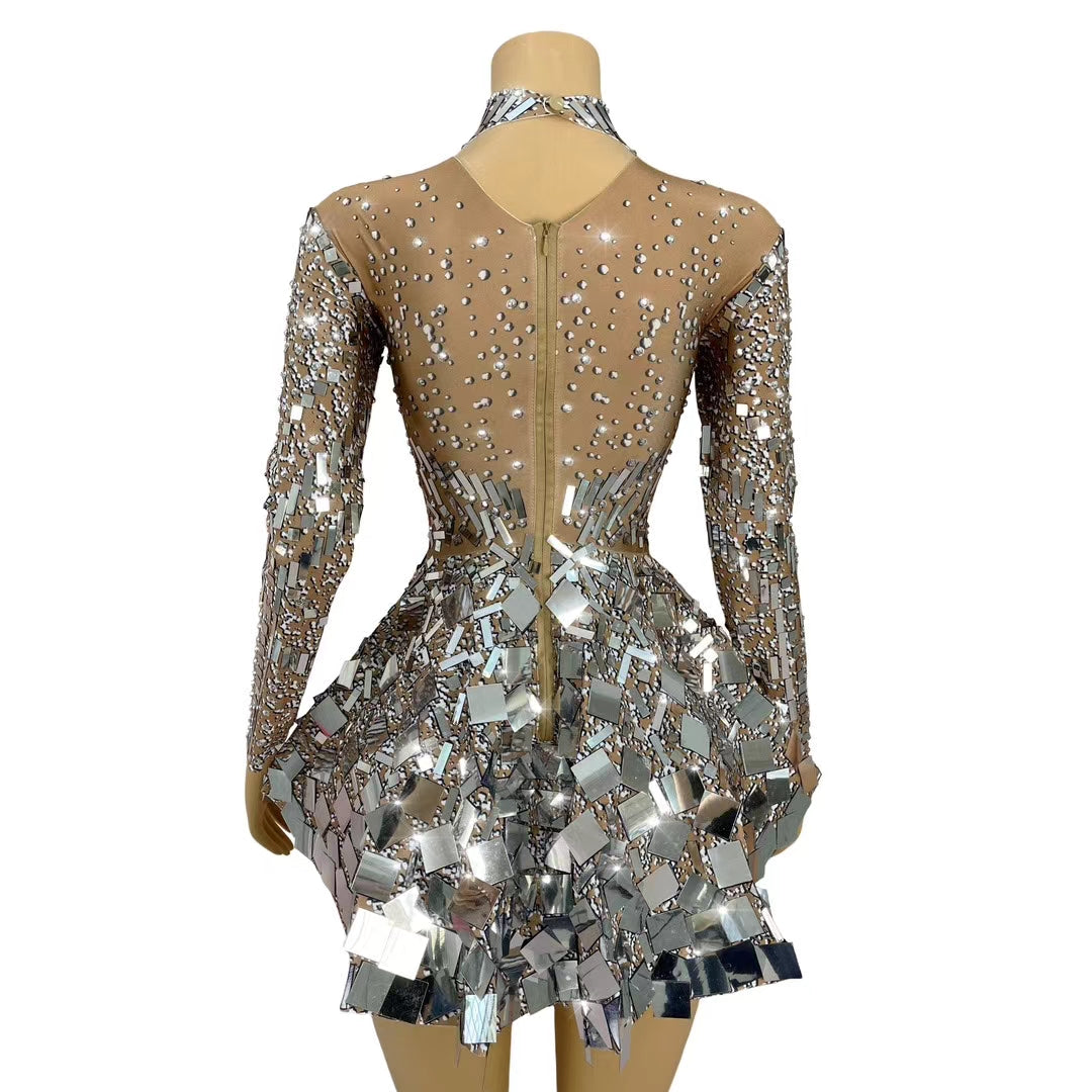 CELESINYI Gaoduanliangpianqun Crystal Mirror Peplum Mini Dress