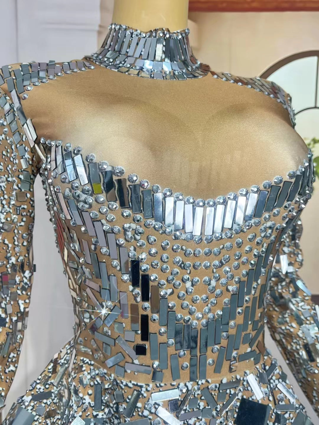 CELESINYI Gaoduanliangpianqun Crystal Mirror Peplum Mini Dress