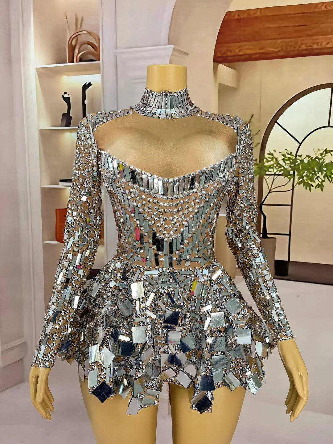 CELESINYI Gaoduanliangpianqun Crystal Mirror Peplum Mini Dress