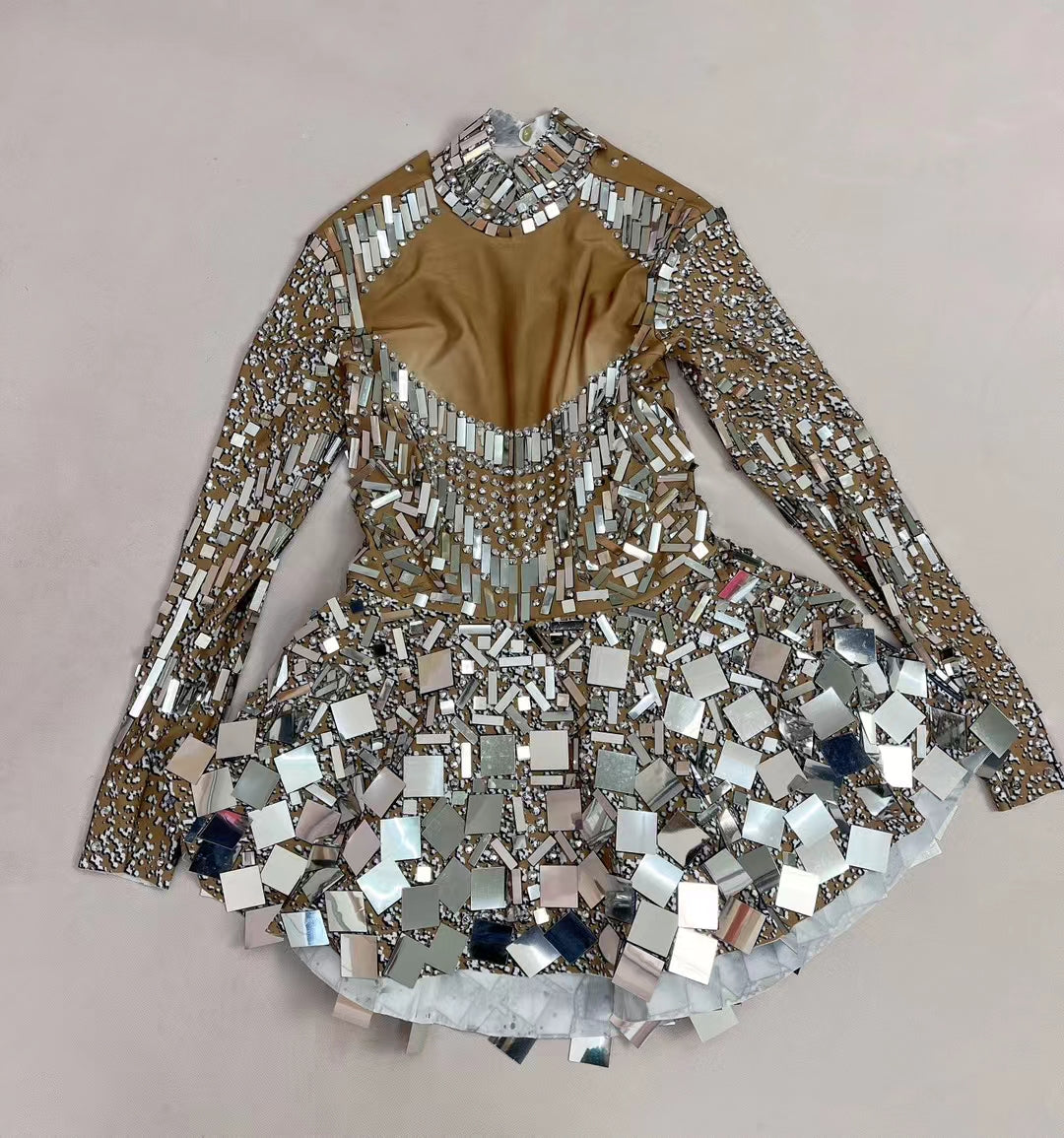 CELESINYI Gaoduanliangpianqun Crystal Mirror Peplum Mini Dress