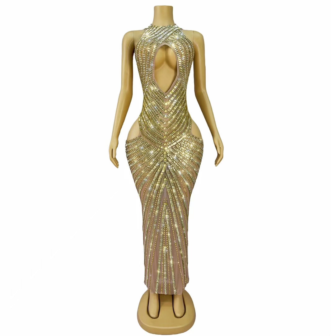 CELESINYI Changliantiao Crystal Gold Chain Bodysuit