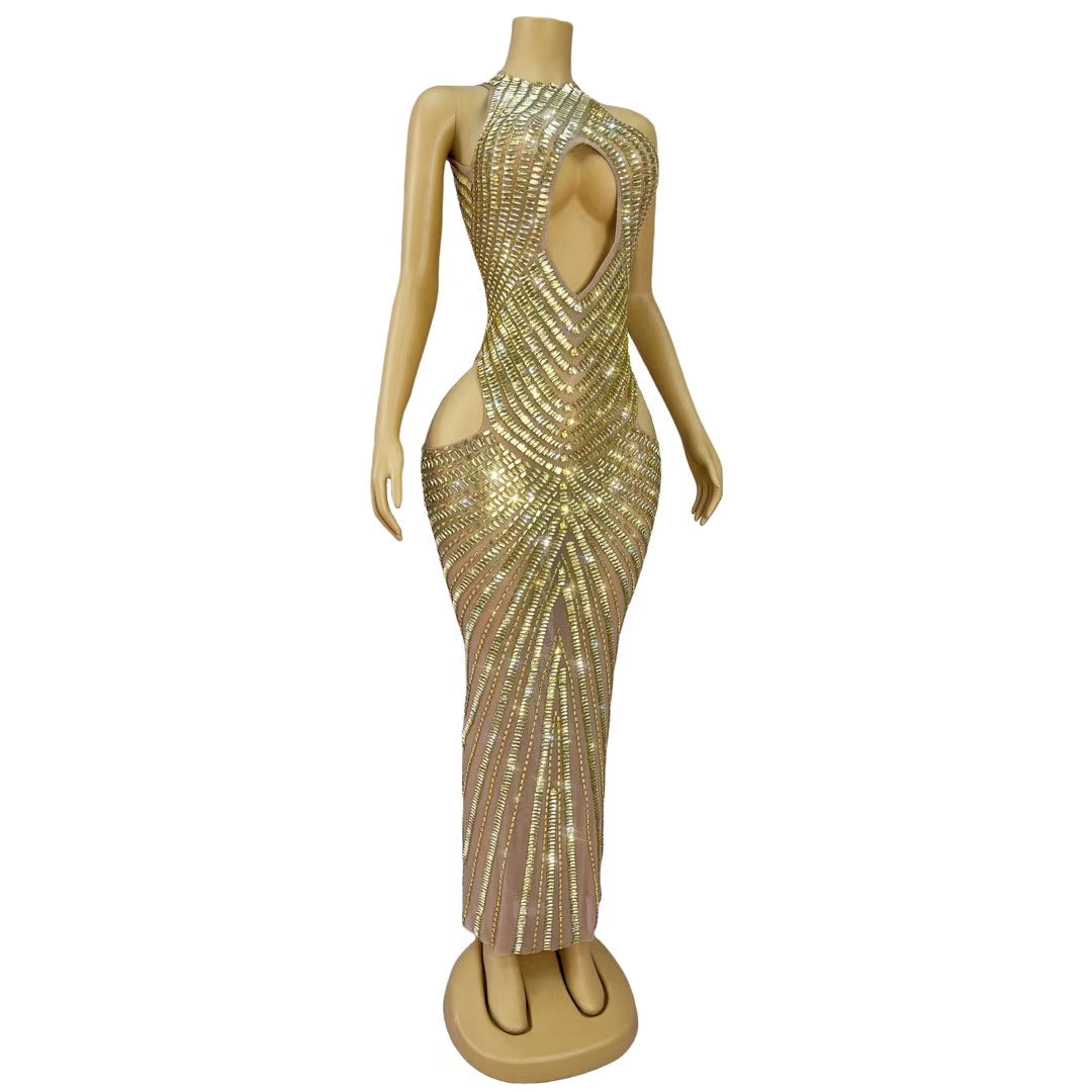 CELESINYI Changliantiao Crystal Gold Chain Bodysuit