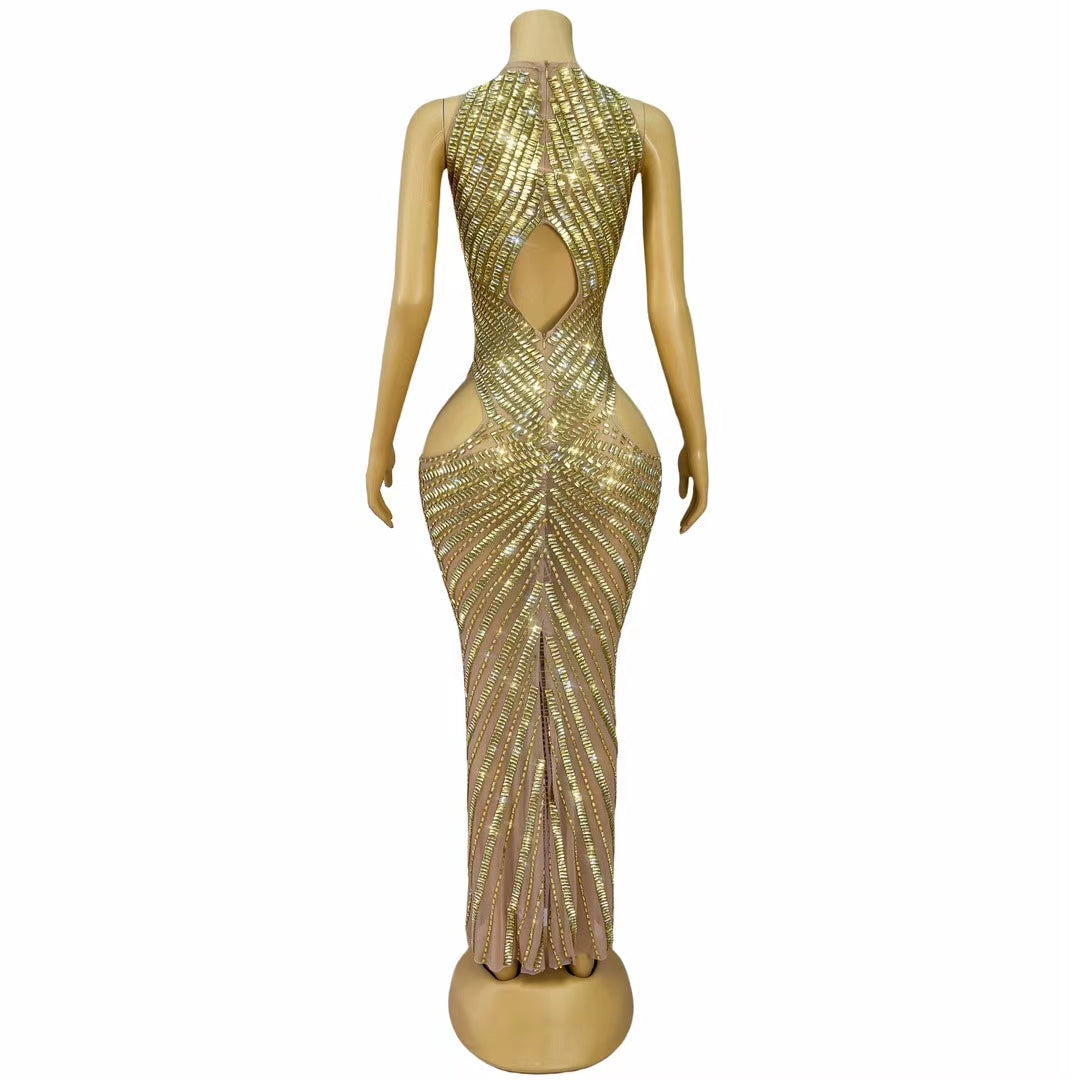 CELESINYI Changliantiao Crystal Gold Chain Bodysuit