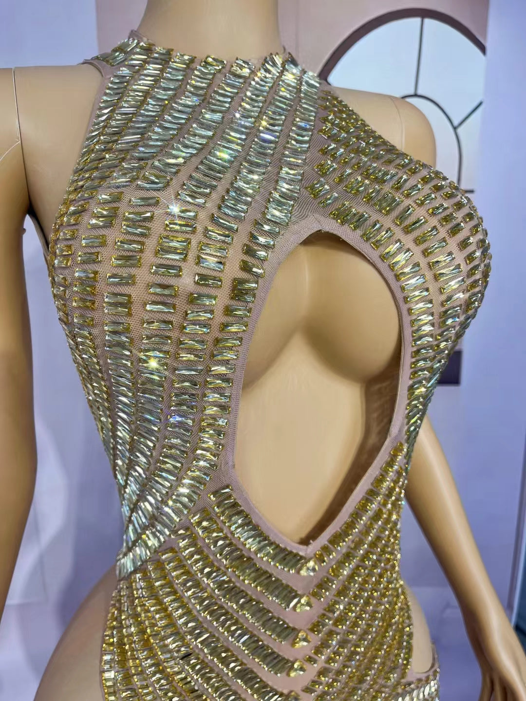 CELESINYI Changliantiao Crystal Gold Chain Bodysuit