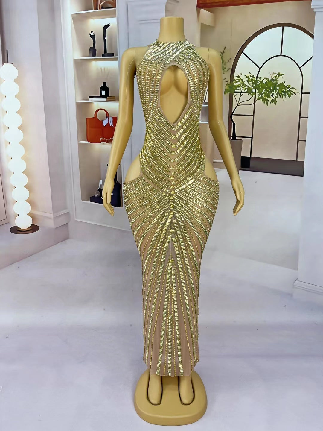 CELESINYI Changliantiao Crystal Gold Chain Bodysuit