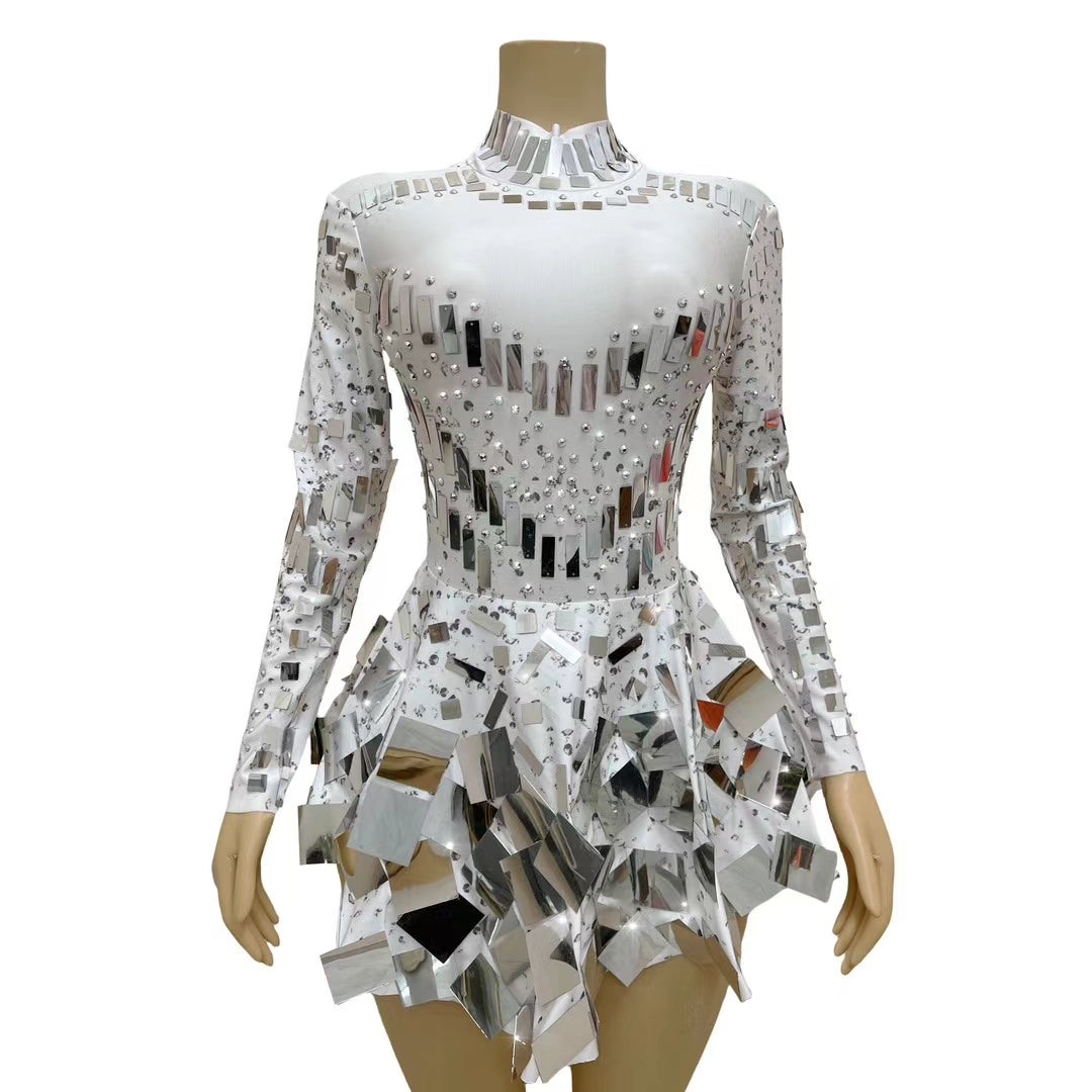 CELESINYI Liangpian Crystal White Mirror Mini Dress