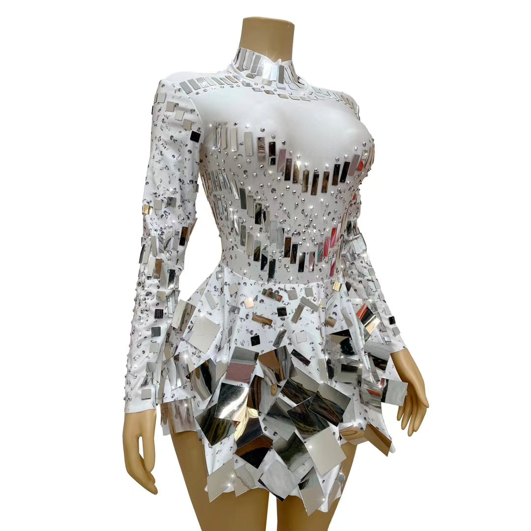 CELESINYI Liangpian Crystal White Mirror Mini Dress