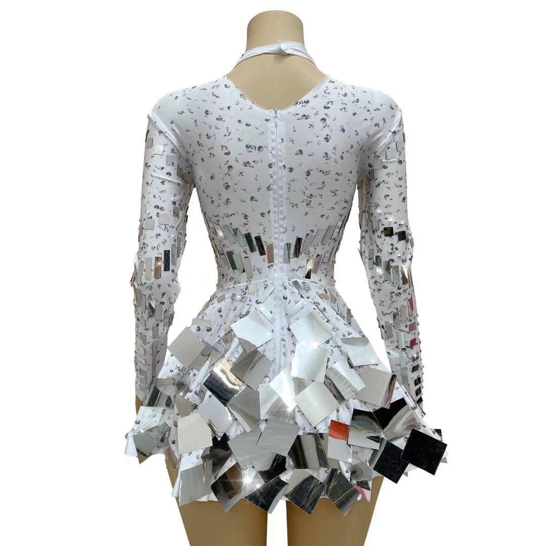 CELESINYI Liangpian Crystal White Mirror Mini Dress