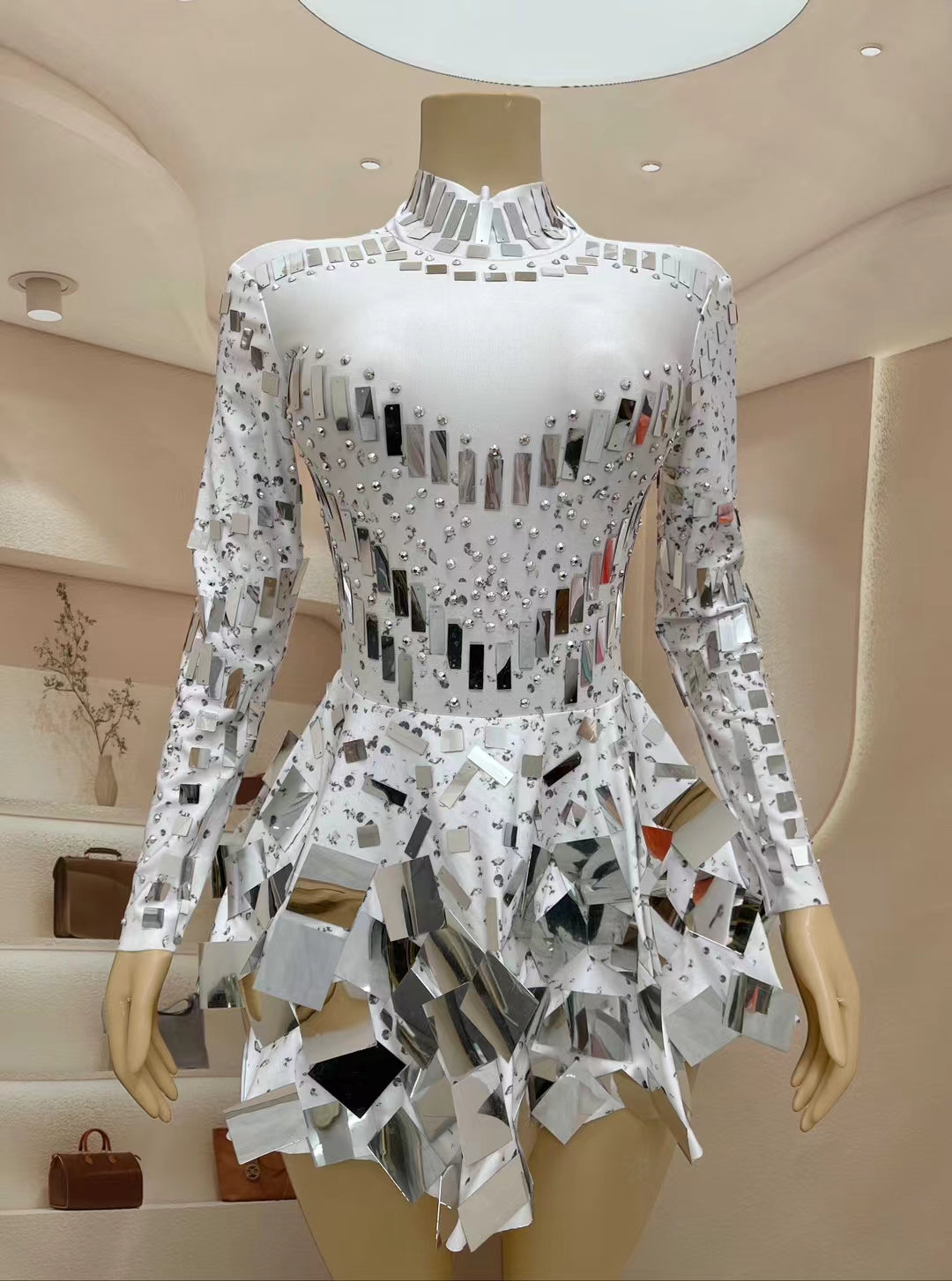 CELESINYI Liangpian Crystal White Mirror Mini Dress