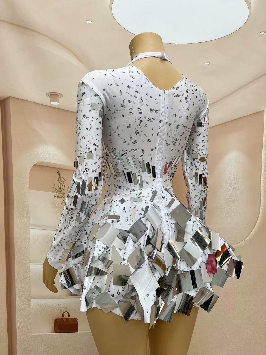 CELESINYI Liangpian Crystal White Mirror Mini Dress