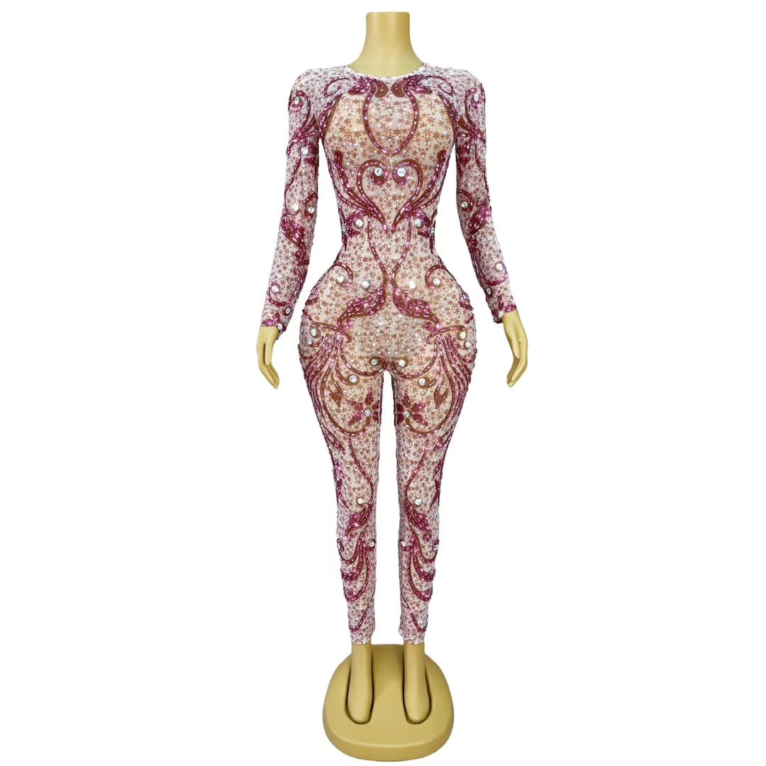 CELESINYI Huahong Crystal Skating Floral Leotard