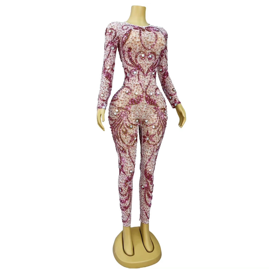 CELESINYI Huahong Crystal Skating Floral Leotard