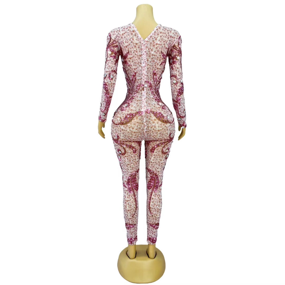 CELESINYI Huahong Crystal Skating Floral Leotard