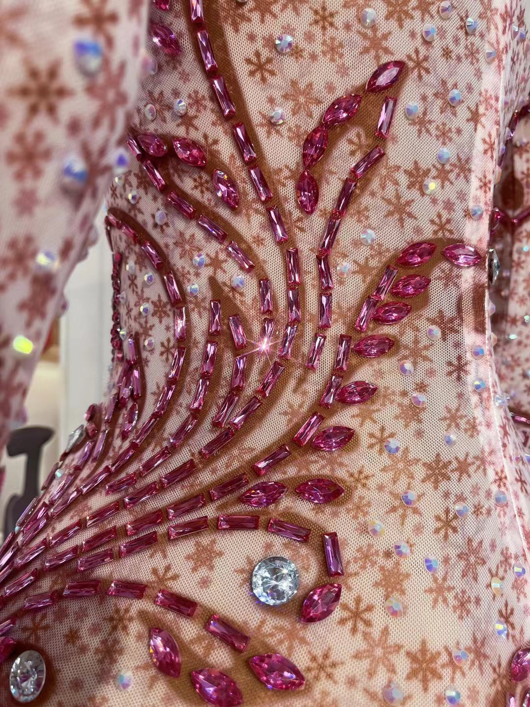 CELESINYI Huahong Crystal Skating Floral Leotard