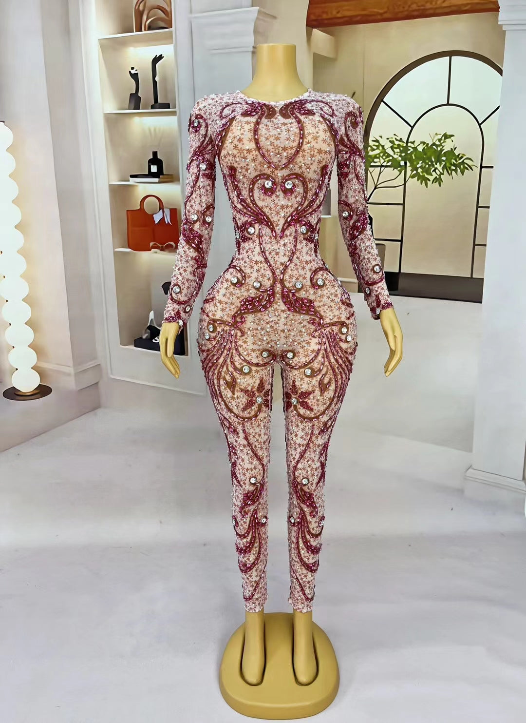 CELESINYI Huahong Crystal Skating Floral Leotard